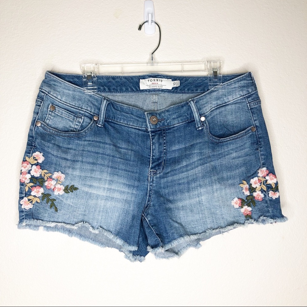 Torrid Flower Embroided Faded Denim Shorts